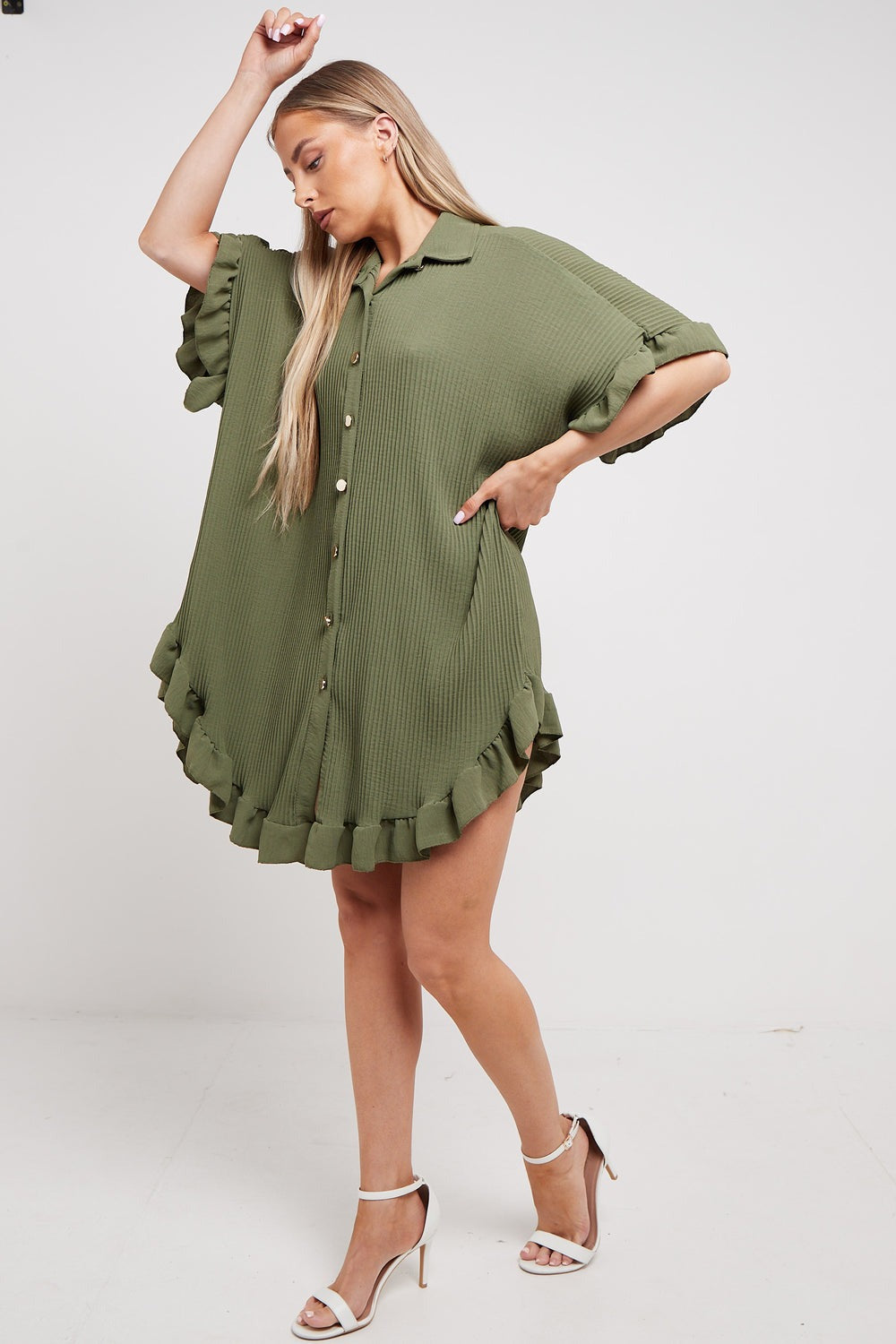 Khaki Green Pleated Frill Oversize Shirt - Ocean - Storm Desire