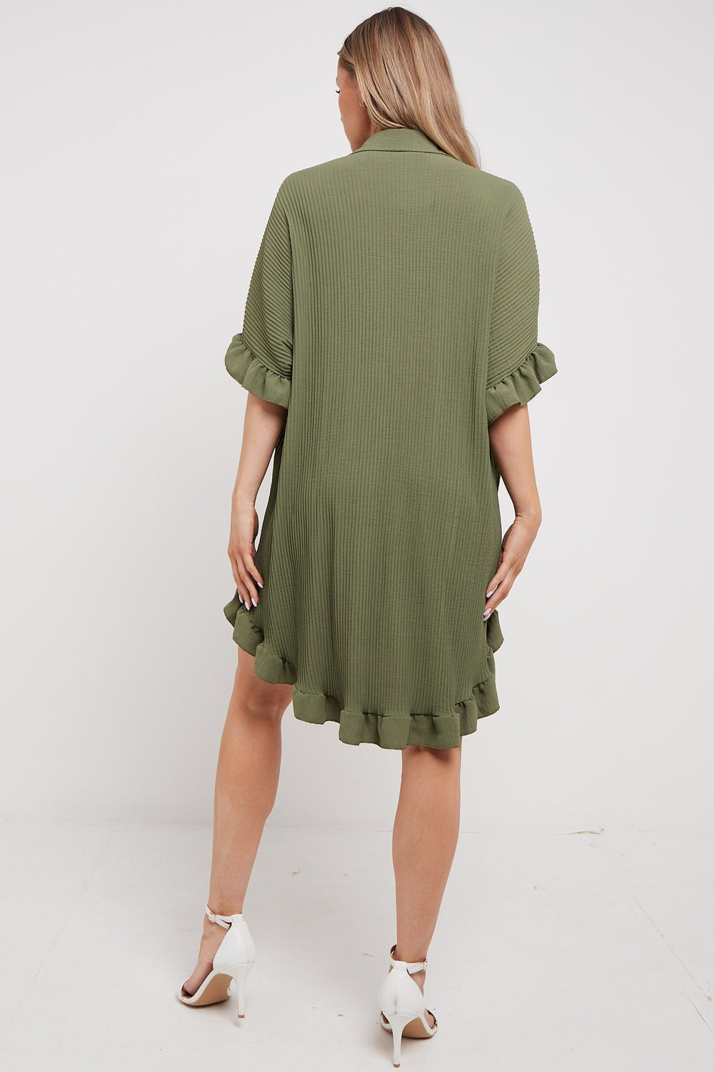 Khaki Green Pleated Frill Oversize Shirt - Ocean - Storm Desire