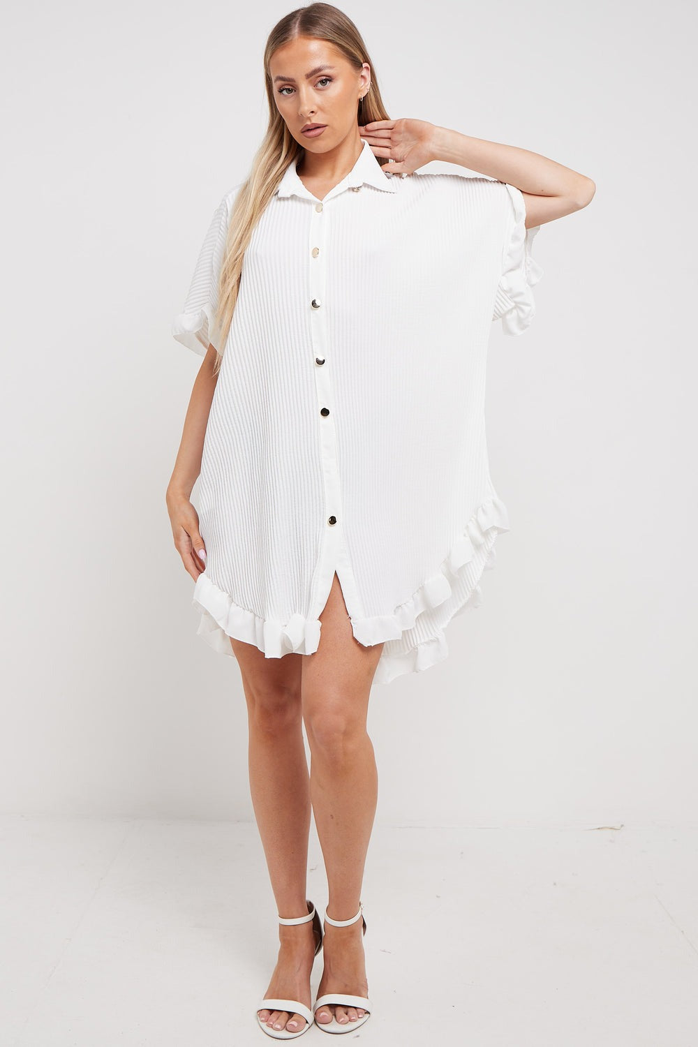 White Pleated Frill Oversize Shirt - Ocean - Storm Desire