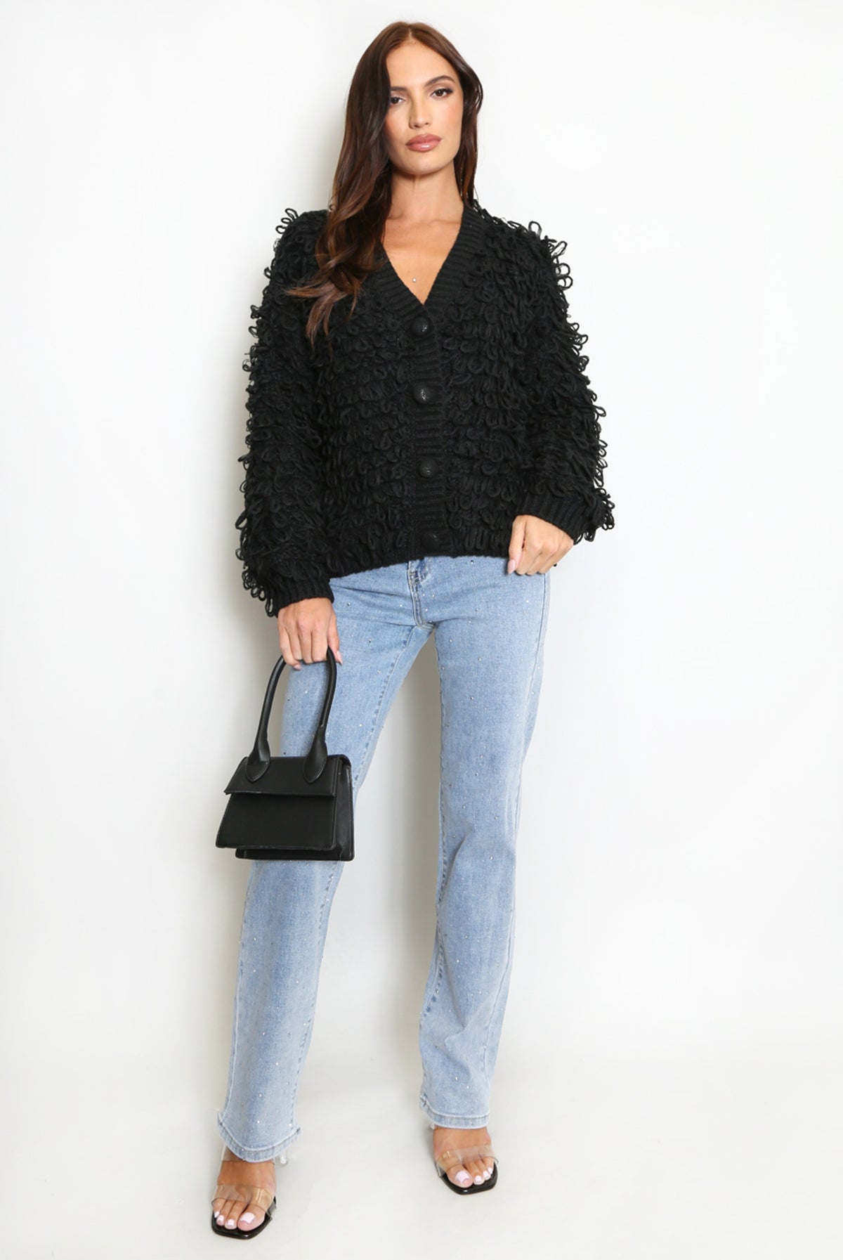 Black loop-knit cardigan with V-neck and button front, shaggy loop texture