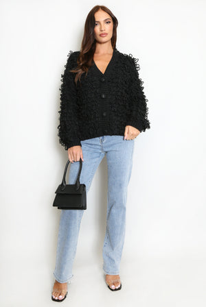 Black loop-knit cardigan with V-neck and button front, shaggy loop texture