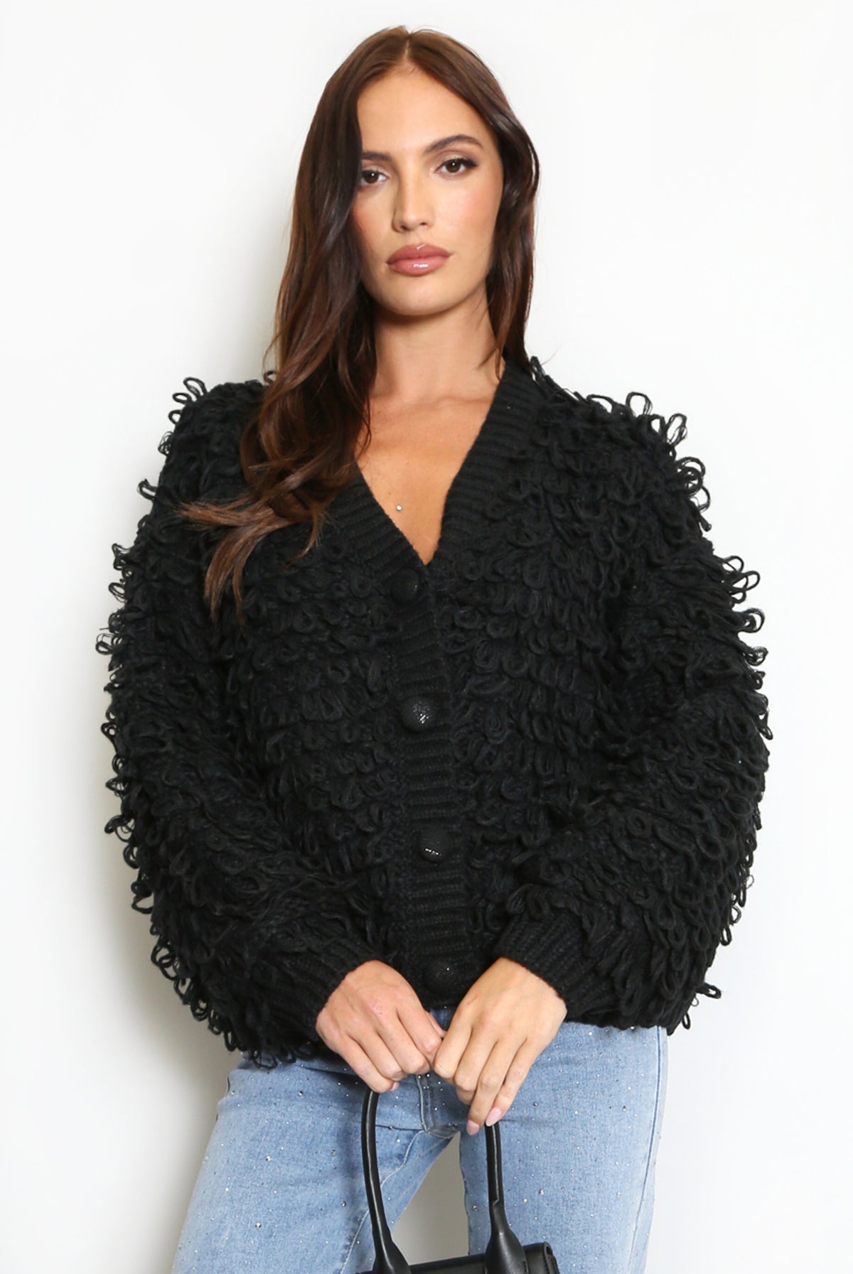 Black loop-knit cardigan with V-neck, button front, shaggy loops, long sleeves
