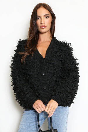 Black loop-knit cardigan with V-neck, button front, shaggy loops, long sleeves