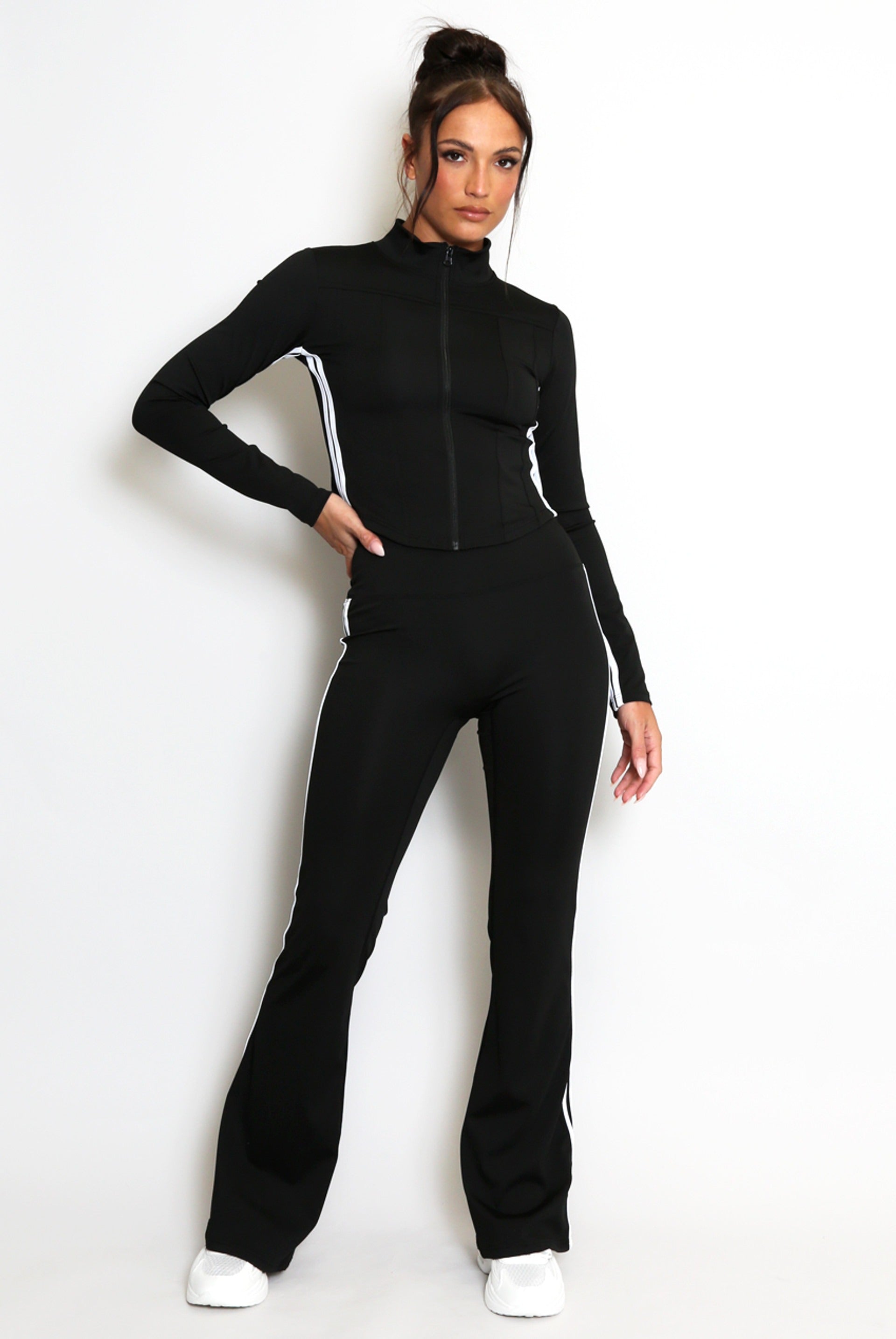 Zip Top And Side Stripe Flare Leg Gym Set - Kyla - Storm Desire