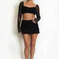 Textured Tassel Crop Top And Low Rise Mini Skirt Set - Selah