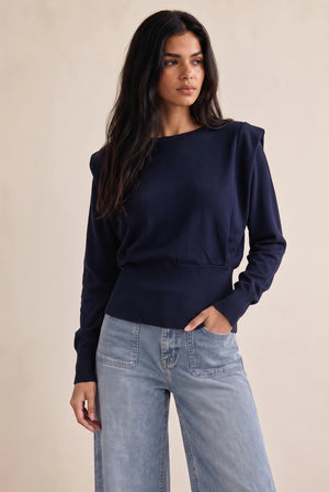 Women's navy fine-knit jumper with padded shoulders, long sleeves and crew neck
