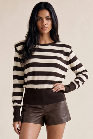 Padded-shoulder striped jumper, dark and cream long-sleeve sweater with round neck
