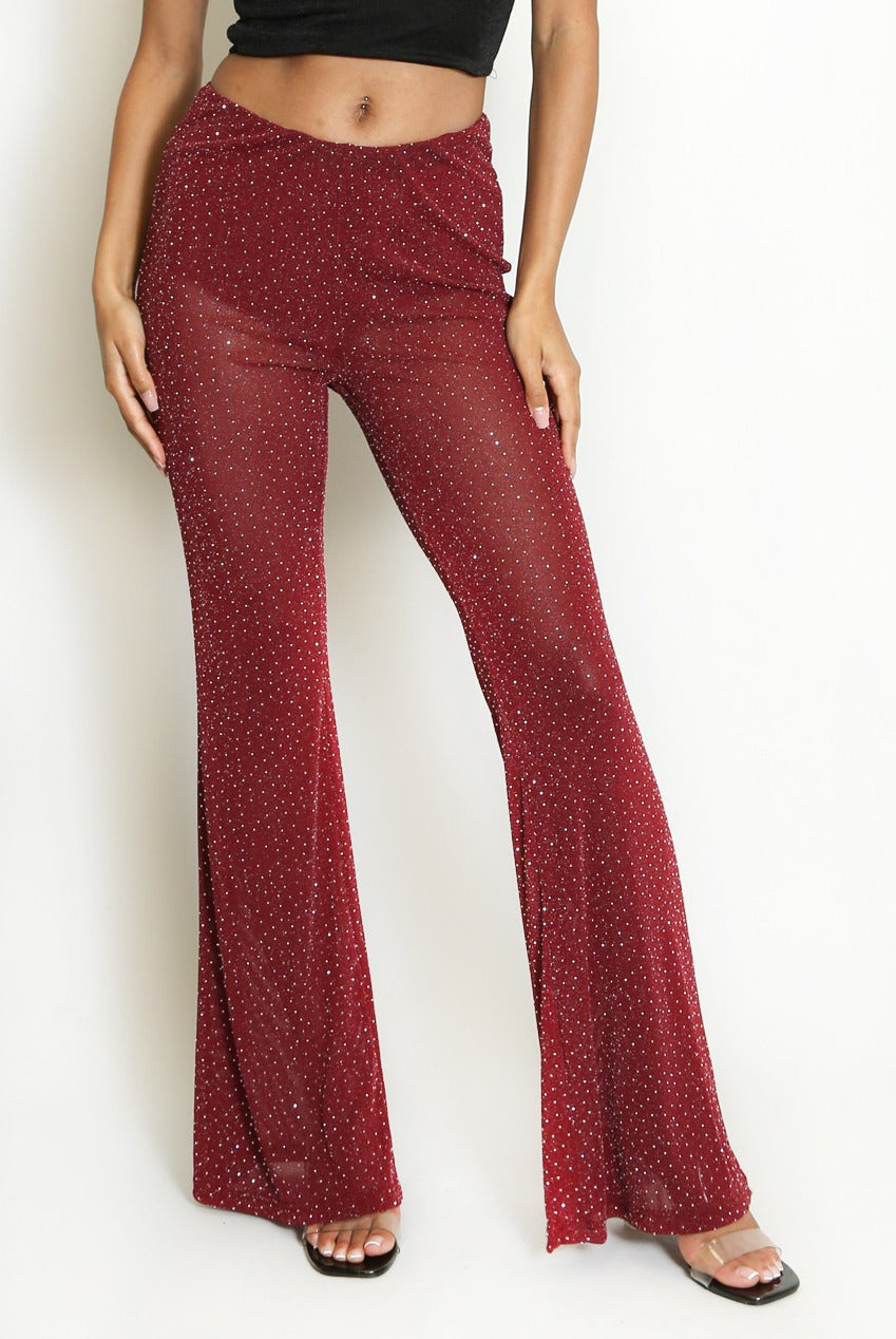 Diamante Embellished Mesh Flare Hem Trouser - Annika
