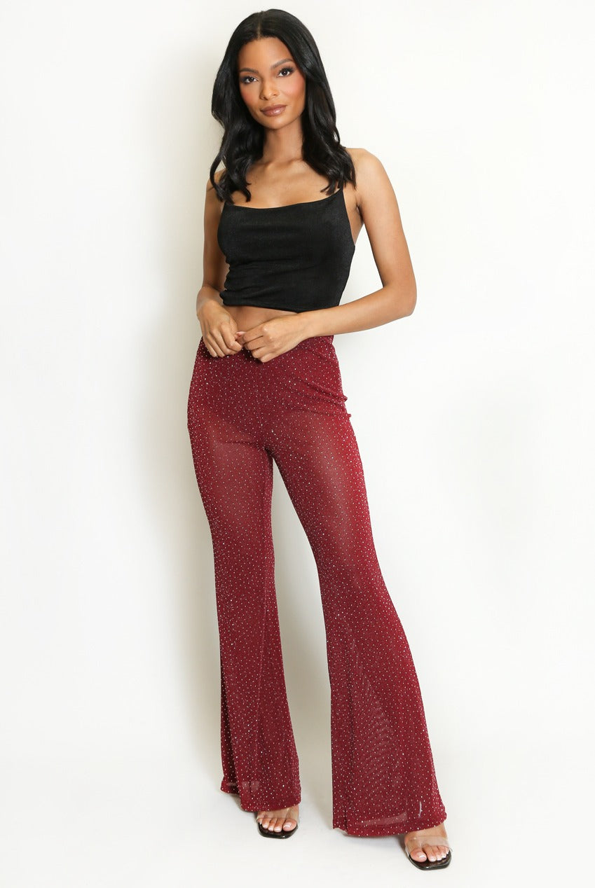 Diamante Embellished Mesh Flare Hem Trouser - Annika