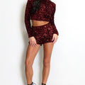 Wine red sequin hot pants with sparkling all-over pattern