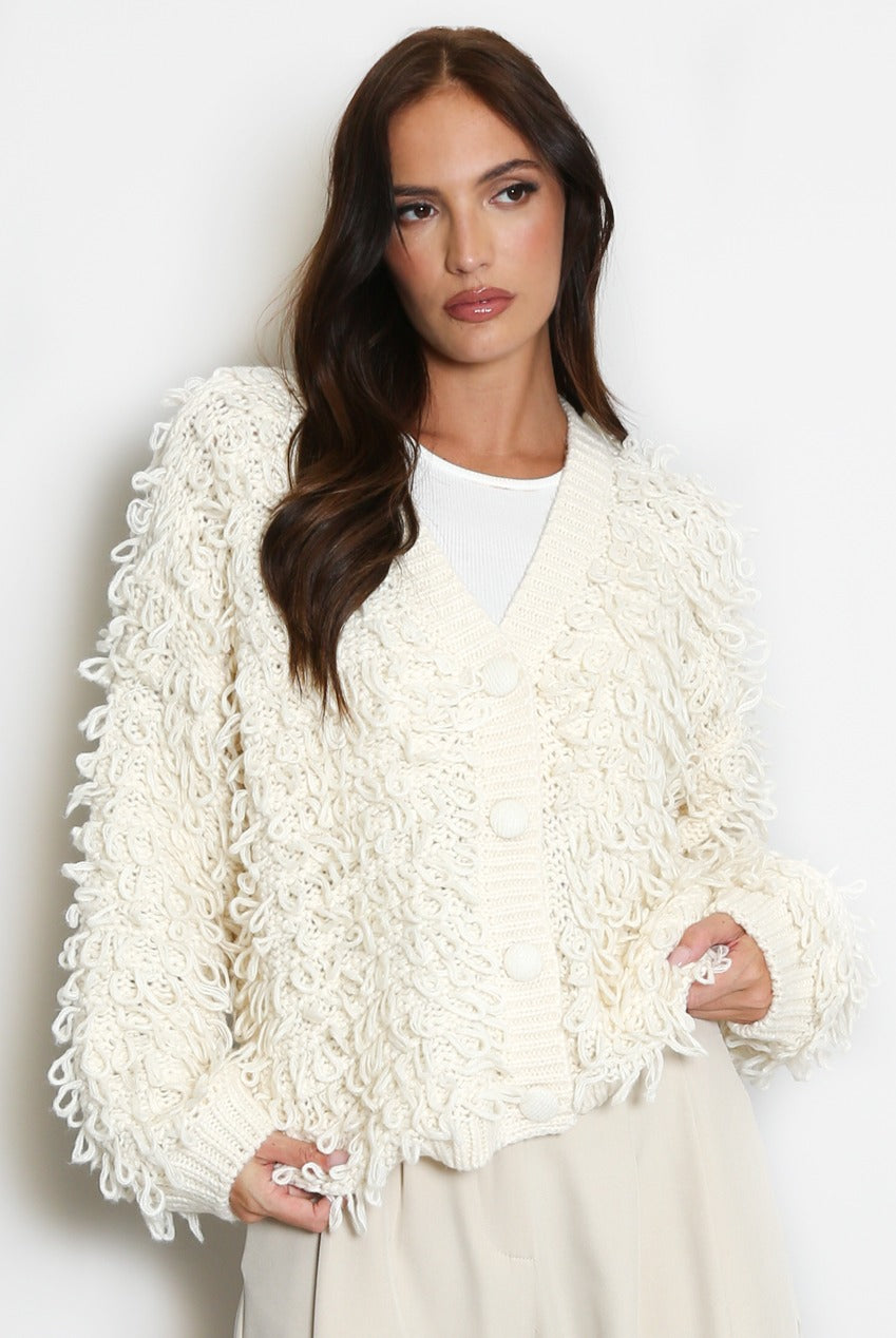 Cream loop-knit cardigan with V-neck, button front, shaggy loops, long sleeves