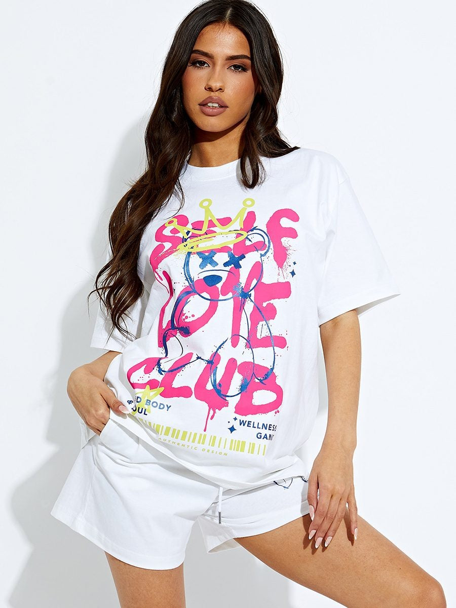 White Self Love Club Oversized T-Shirt & Shorts Set - Louise - Storm Desire