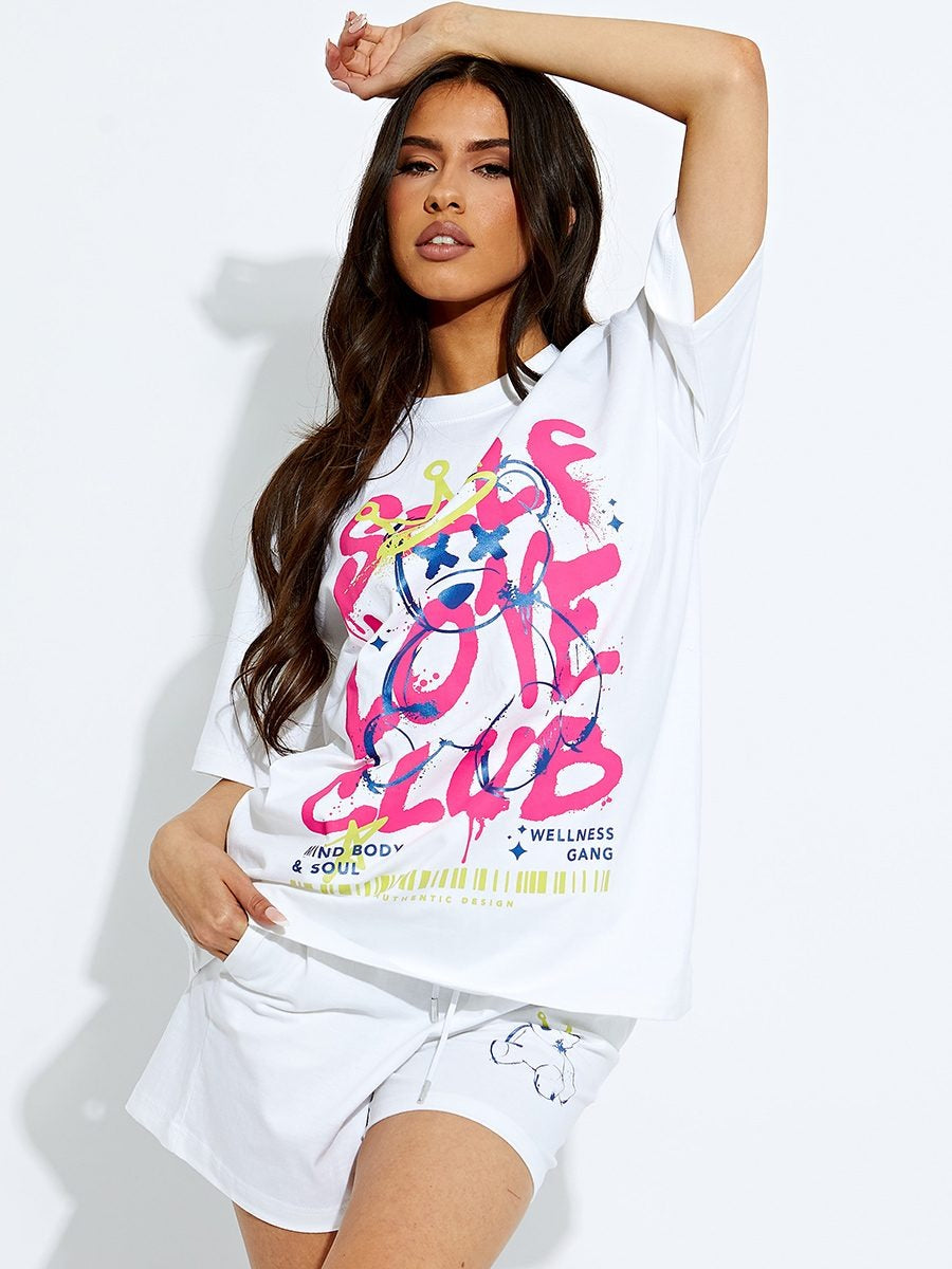 White Self Love Club Oversized T-Shirt & Shorts Set - Louise - Storm Desire