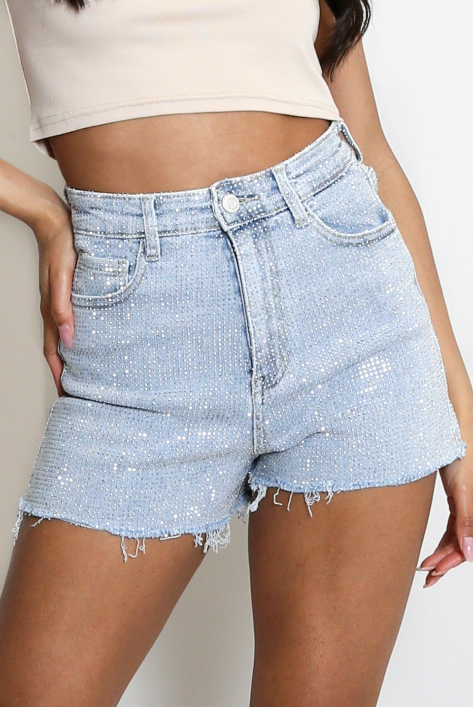 Diamante Torn Out Denim Blue Shorts - Keira - Storm Desire