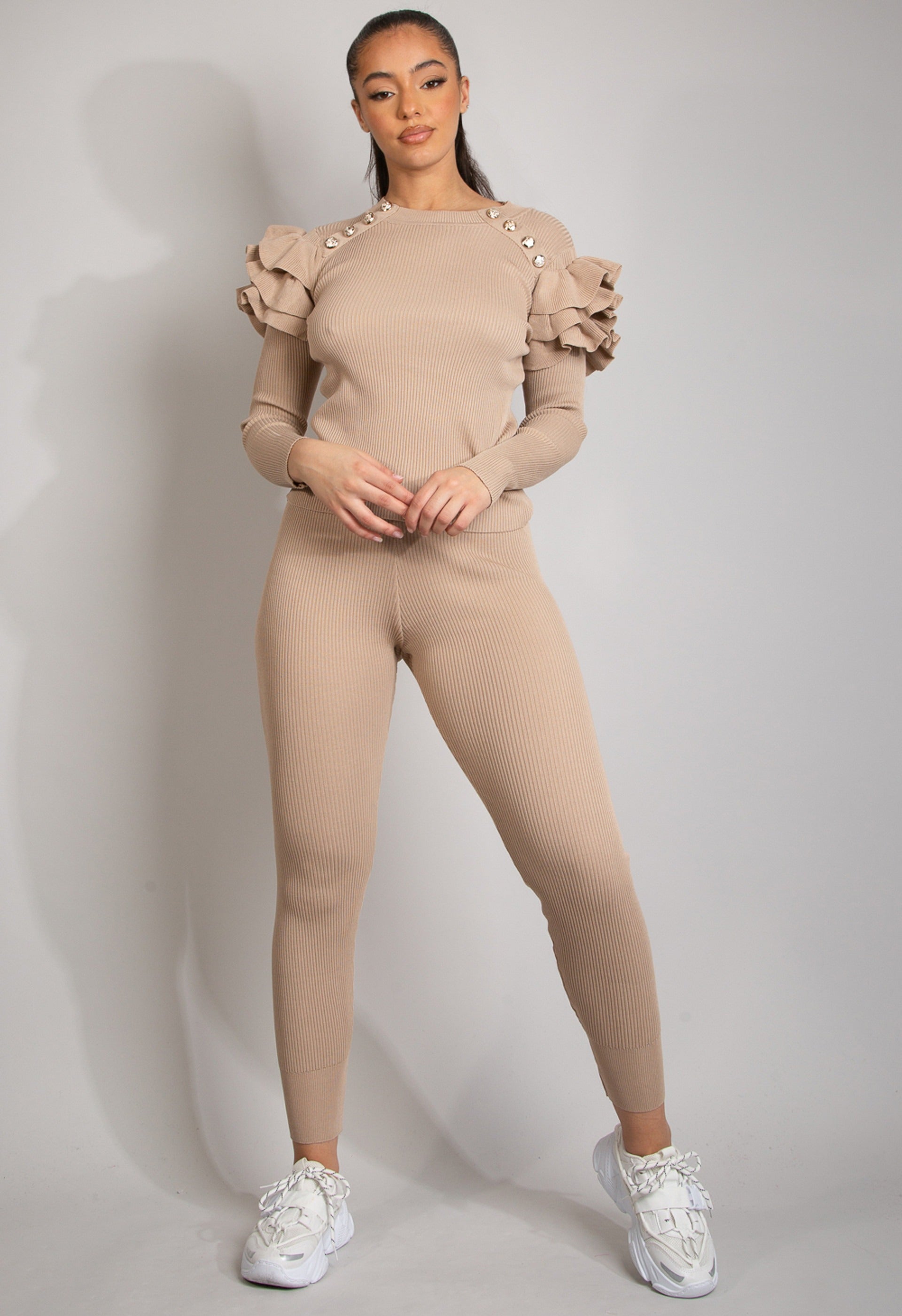 Beige Ribbed Knitted Ruffle Jumper & Legging Set - Lacey - Storm Desire
