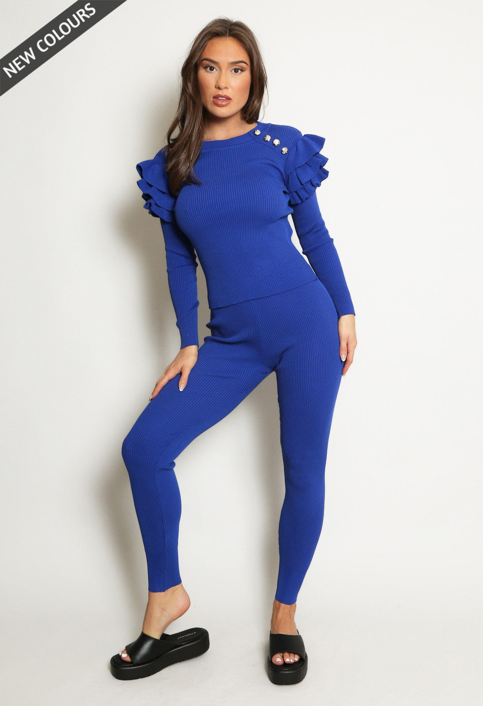 Royal Blue Ribbed Knitted Ruffle Jumper & Legging Set - Lacey - Storm Desire