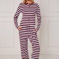 Wine-and-white striped button-up top and wide-leg trousers, front full-body