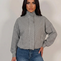 Black and white check jacket with zip front and stand collar, long sleeves