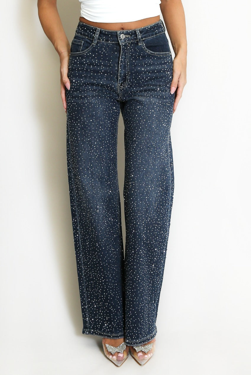 Diamante Embellished Wide Fit Jeans - Honey