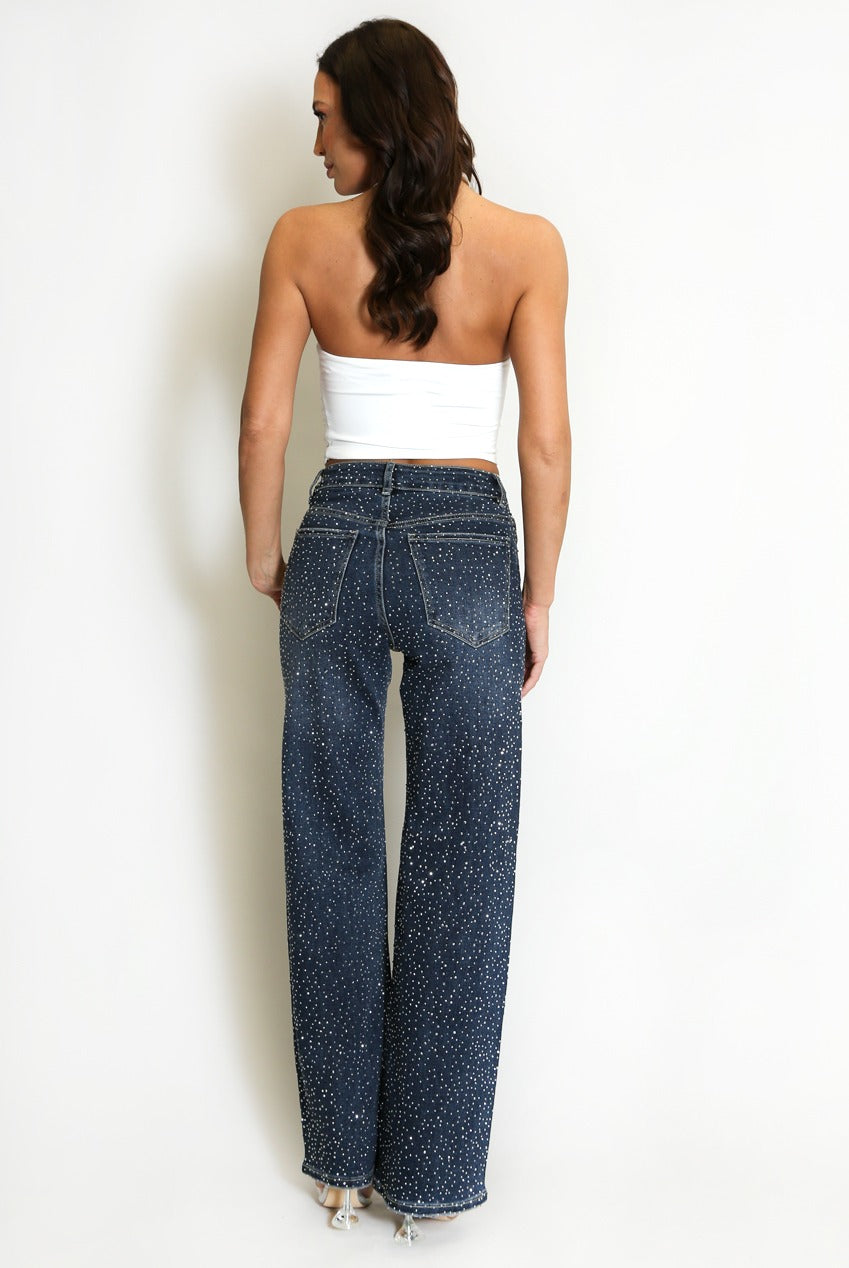 Diamante Embellished Wide Fit Jeans - Honey