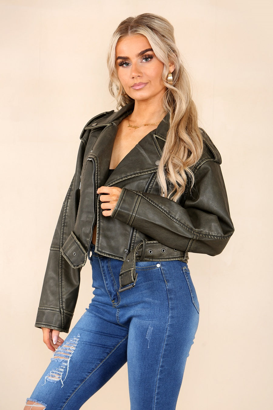 Khaki Green Faux Leather Zipped Biker Jacket - Stormi - Storm Desire