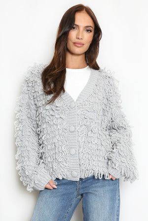 Light grey loop-knit cardigan with V-neck, button front, long sleeves, textured loop surface