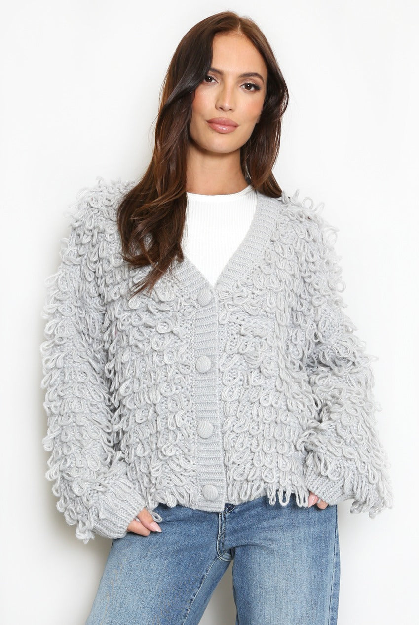 Light grey loop-knit cardigan with V-neck, button front, long sleeves, textured loop surface