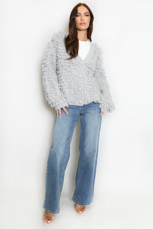 Light grey loop-knit cardigan with V-neck, button front, shaggy loop texture