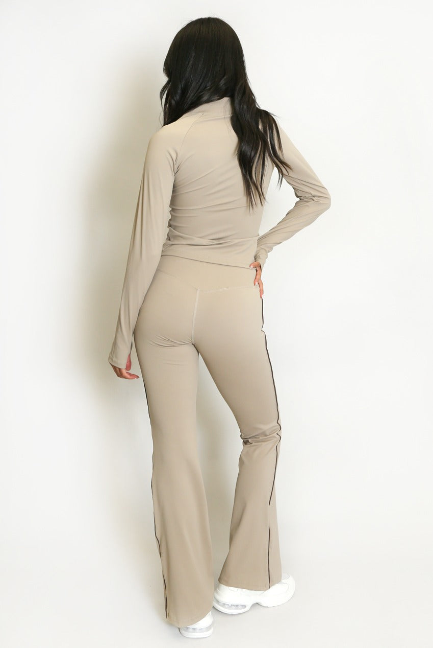 Contrast Lining Zip Top and Flare Hem Trouser Set - Elia