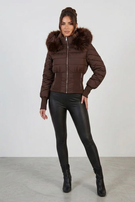 Cropped brown hooded puffer jacket with faux-fur trim and zip front
