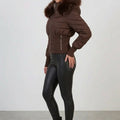 Cropped brown faux-fur hood puffer jacket with front zipper