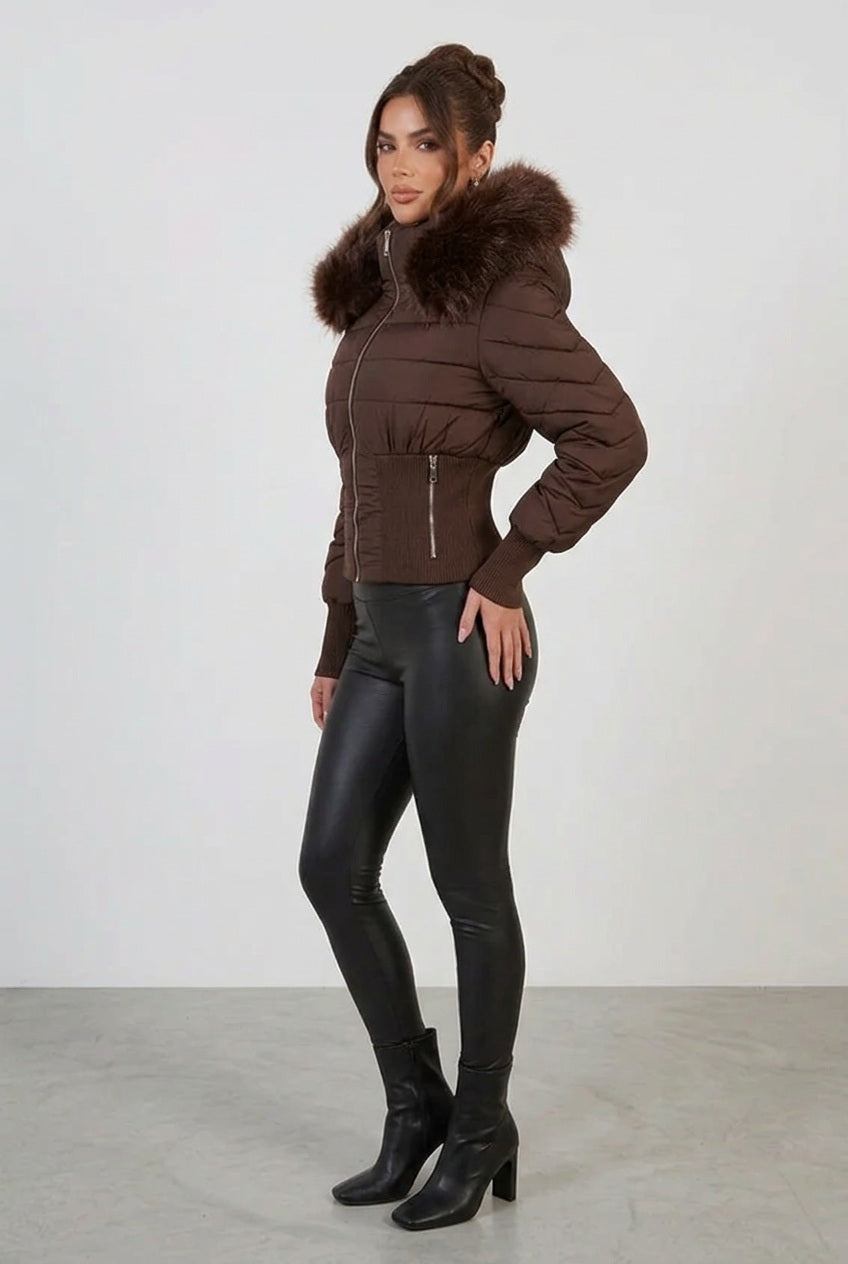 Cropped brown faux-fur hood puffer jacket with front zipper