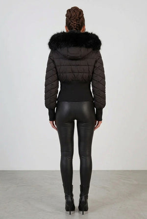 Back view black cropped faux-fur hood puffer jacket with zip