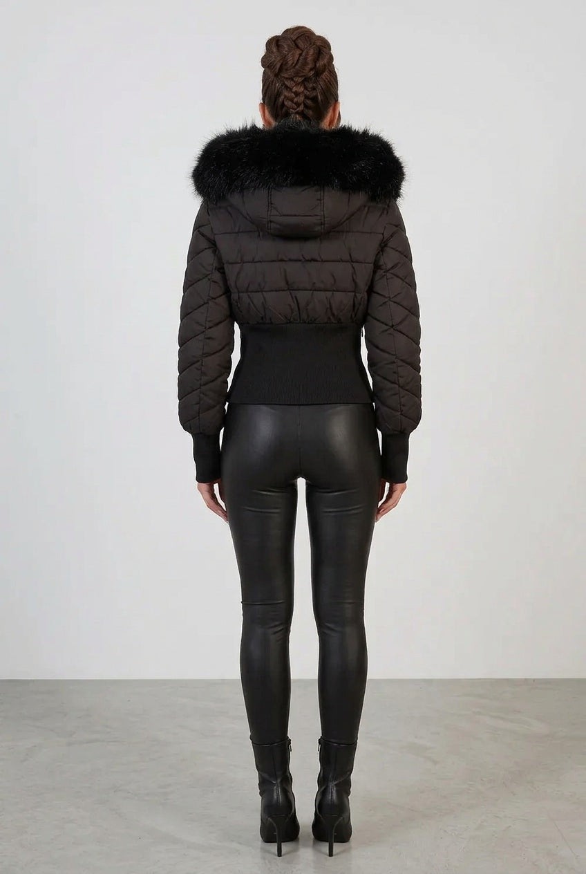 Back view black cropped faux-fur hood puffer jacket with zip