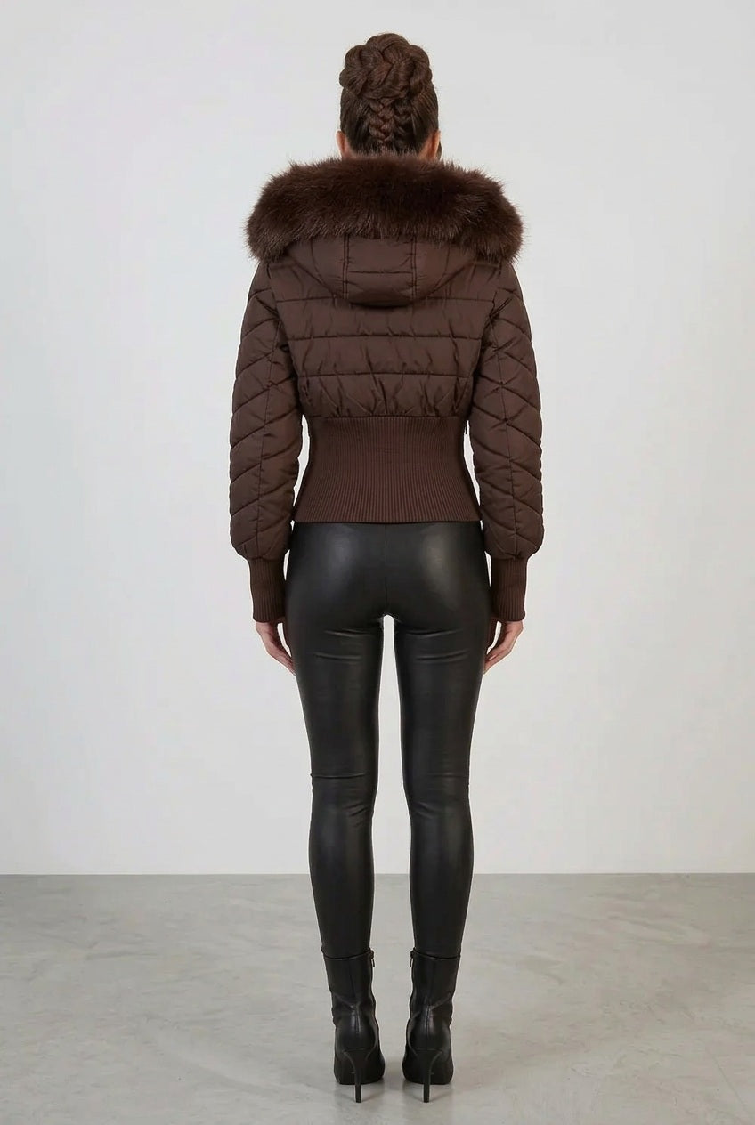 Back view brown cropped faux-fur hood puffer jacket with zip