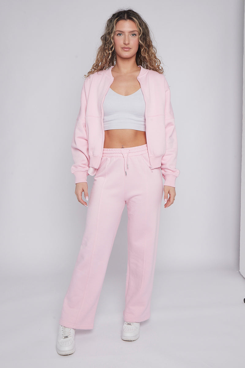 Baby Pink Bomber Style Oversize Fleece Zipper & Jogger Set - Sara - Storm Desire