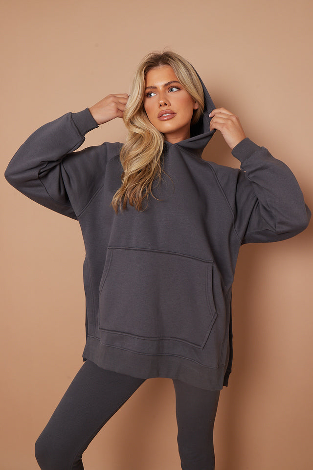 Charcoal Oversized Split Sides Hoodie & Ribbed Leggings Co-ord - Shelly - Storm Desire