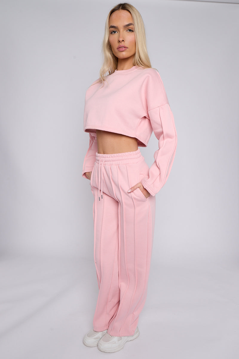 Pink Baggy Crop Top And Flare Joggers Loungewear Set - Jamie - Storm Desire