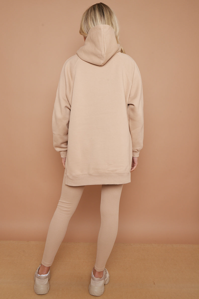 Beige Oversized Split Sides Hoodie & Ribbed Leggings Co-ord -  Shelly - Storm Desire