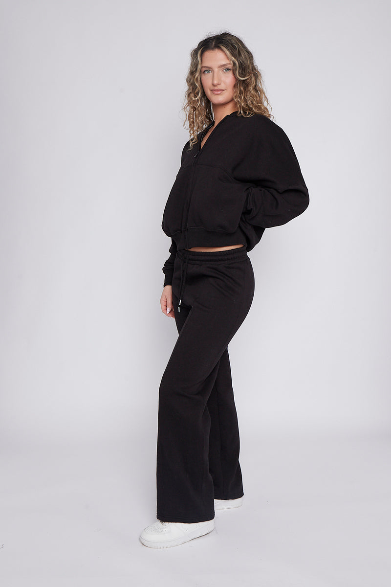 Black Bomber Style Oversize Fleece Zipper & Jogger Set - Sara - Storm Desire
