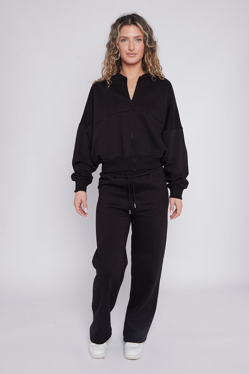 Black Bomber Style Oversize Fleece Zipper & Jogger Set - Sara - Storm Desire
