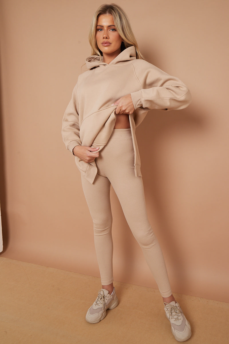 Beige Oversized Split Sides Hoodie & Ribbed Leggings Co-ord -  Shelly - Storm Desire