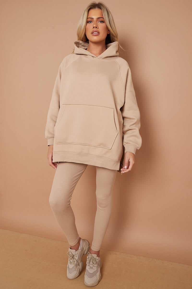 Beige Oversized Split Sides Hoodie & Ribbed Leggings Co-ord -  Shelly - Storm Desire