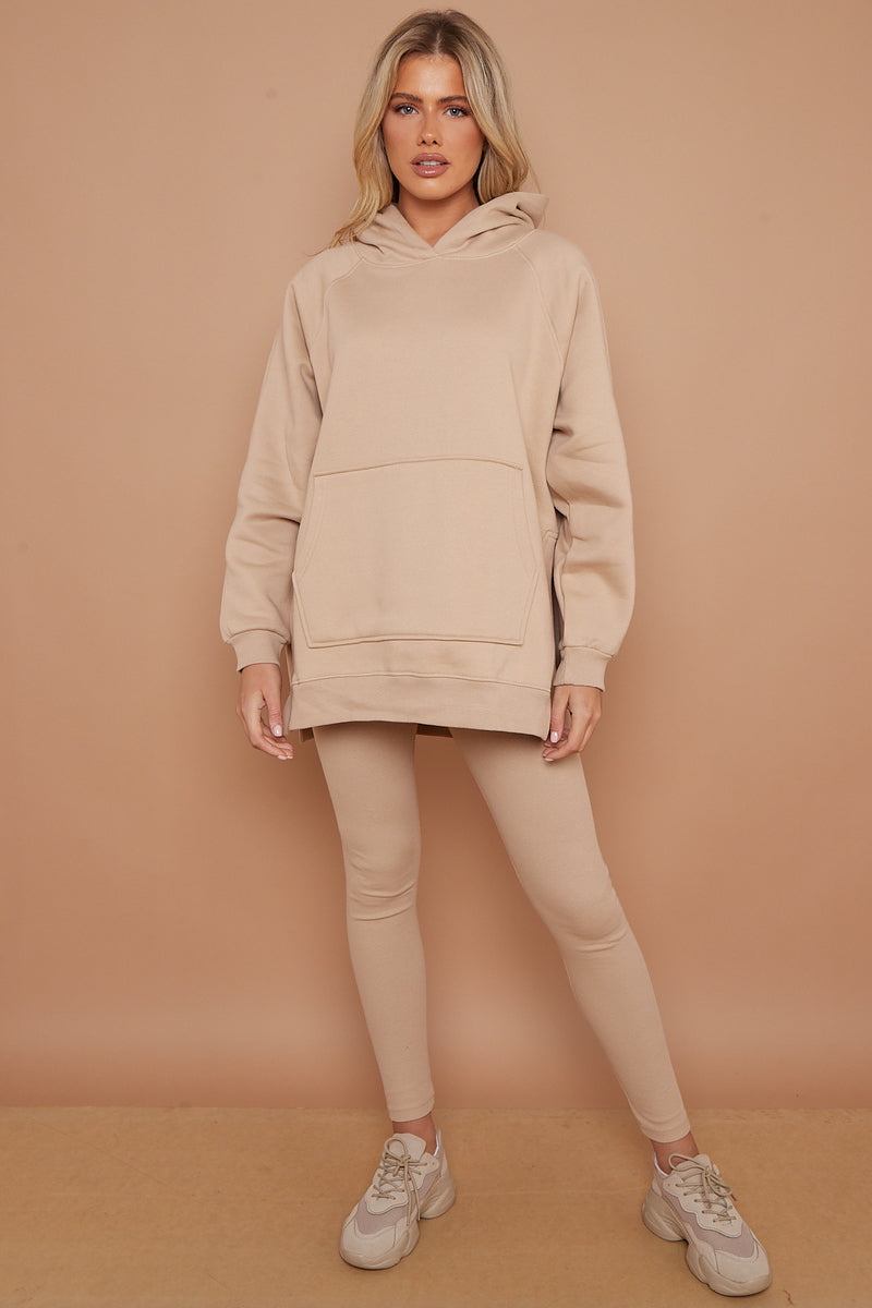 Beige Oversized Split Sides Hoodie & Ribbed Leggings Co-ord -  Shelly - Storm Desire