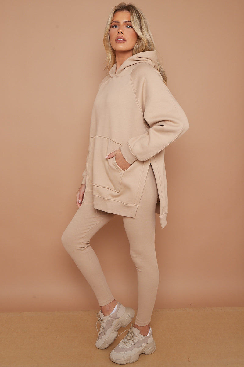 Beige Oversized Split Sides Hoodie & Ribbed Leggings Co-ord -  Shelly - Storm Desire