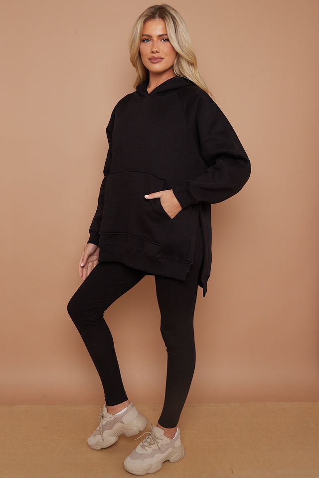 Black Oversized Split Sides Hoodie & Ribbed Leggings Co-ord - Shelly - Storm Desire