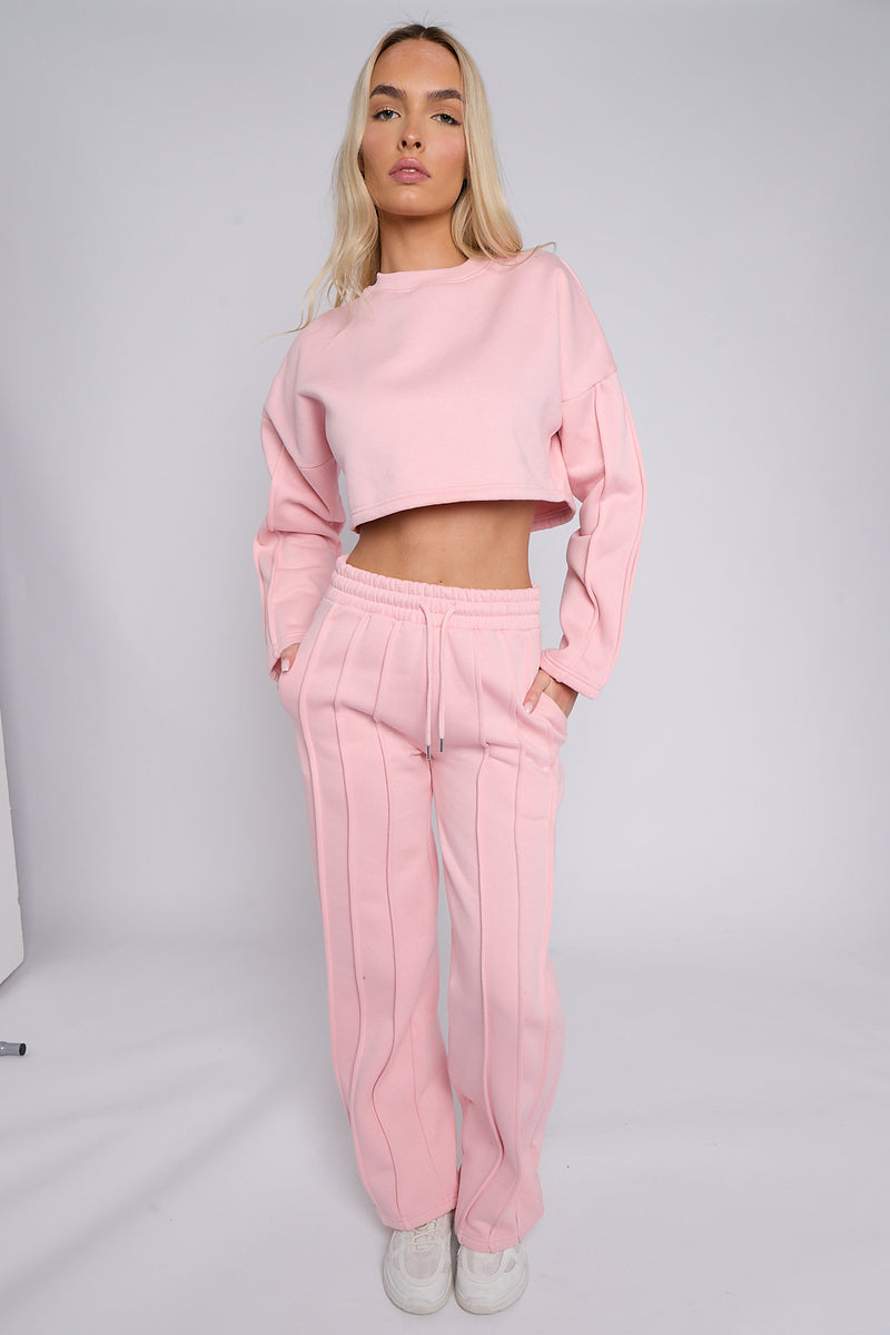 Pink Baggy Crop Top And Flare Joggers Loungewear Set - Jamie - Storm Desire