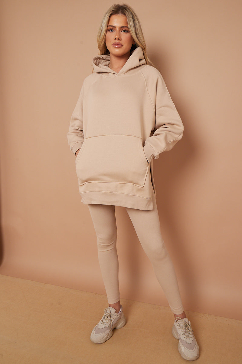 Beige Oversized Split Sides Hoodie & Ribbed Leggings Co-ord -  Shelly - Storm Desire