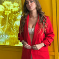 Red ruched-sleeve open blazer, front view with front pockets and cuffed sleeves