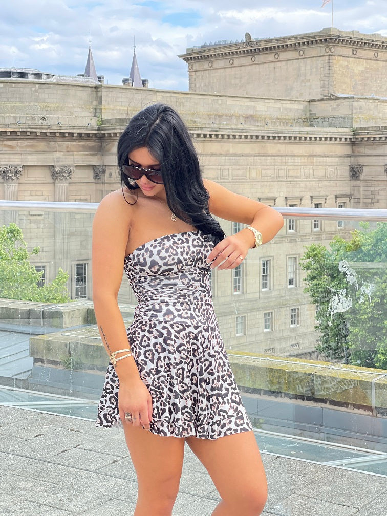 Leopard Print Bandeau Frill Mini Dress - Elina